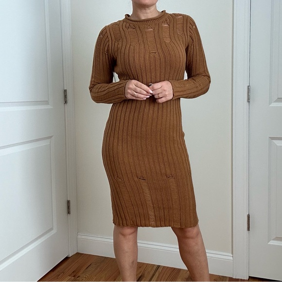 Rib Knit Long Sleeve Knee Length Body Con Dress - Picture 1 of 13